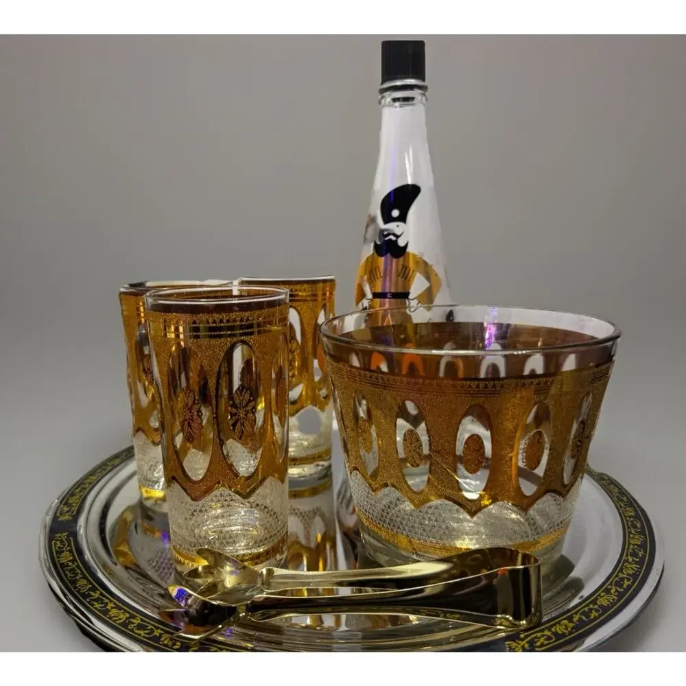Vintage Gold MCM Libby Bar Set | 3 Glasses | Ice Bucket | Atomic Era | Mad Men